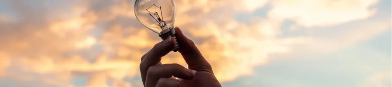 A lightbulb held up against a blue and pink sky, indicating the creativity you will need in investment management