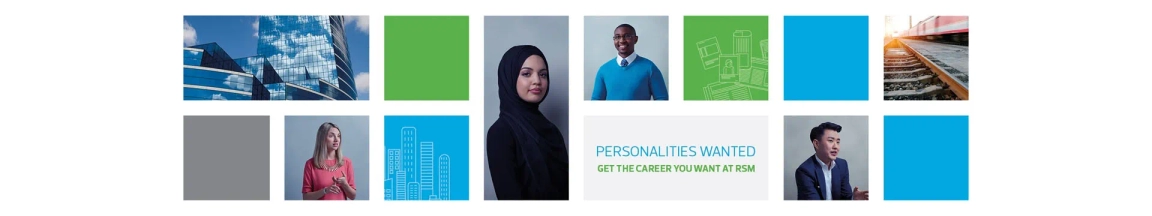 Collage of diverse professionals and architectural imagery with text "PERSONALITIES WANTED GET THE CAREER YOU WANT AT RSM"