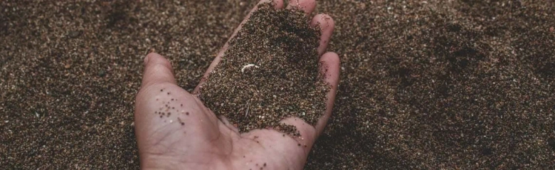 Close-up of a hand holding rich soil, symbolizing soil science work.