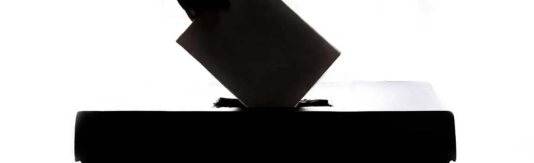 Silhouetted hand casting a ballot in a voting box against a white background.