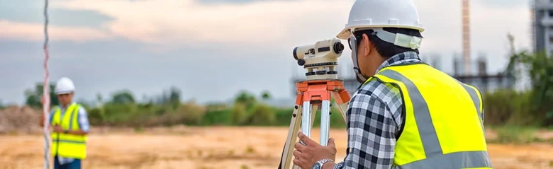 Property surveyors taking measurements in agricultural land.