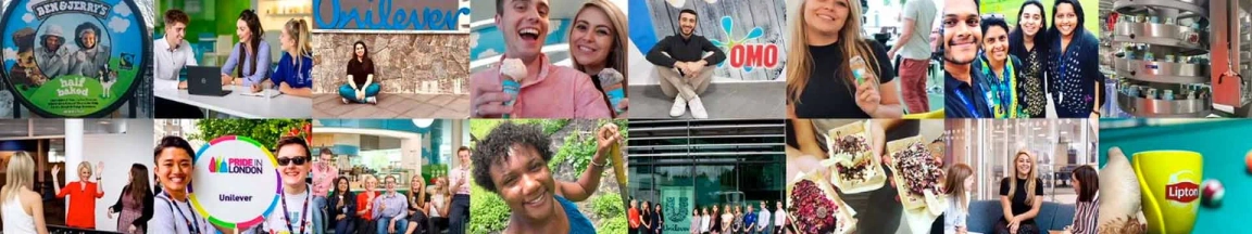 Collage of diverse Unilever employees in various settings including office meetings, outdoor events, and brand promotions.