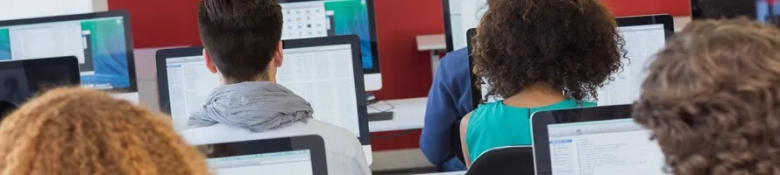 Students engaged in computer work in an IT classroom setting.