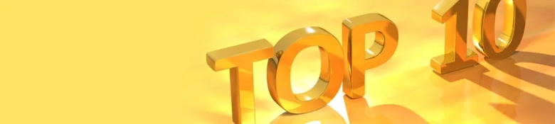 Golden 3D text "TOP 10" casting a shadow on a yellow background.