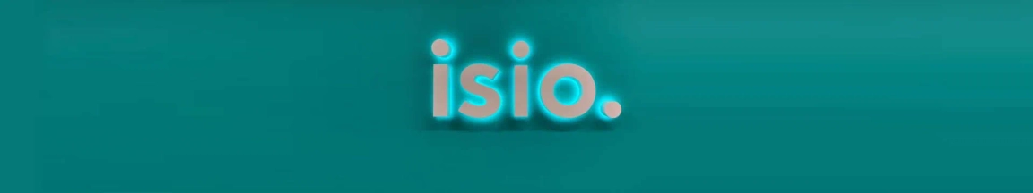 Teal background with the stylized white text "isio." centered and casting a shadow.