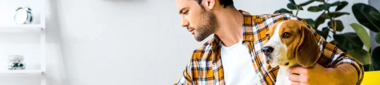 Man with dog at desk, showing how to manage working from home