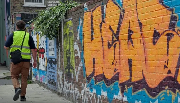 Man walking next to graffiti wall