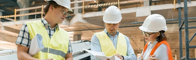 Three construction estimators in safety gear discussing plans on a construction site.