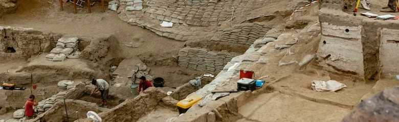 An archaeological dig where archaeolgists work