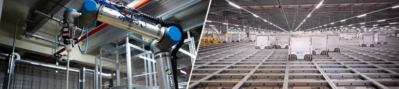 A robotic picking station and bots on the grid at Ocado Group
