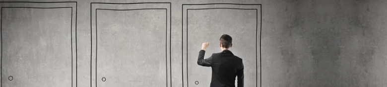 Person in a suit knocking on one of three illustrated doors, symbolizing job opportunity choices.