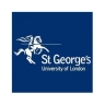 Logo of St George's, University of London featuring a white silhouette of a horse and rider on a blue background.