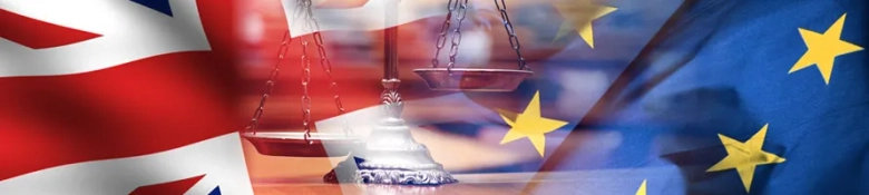 Scales of justice superimposed on the flags of the UK and the EU, symbolizing the legal balance between them.
