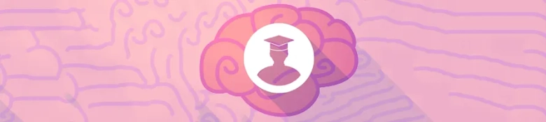 A graphic of a pink brain with an outline of a university student inside it.