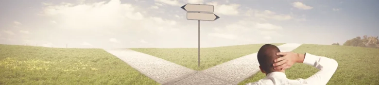 Person at a forked road looking at blank direction signs, symbolizing career decision-making.