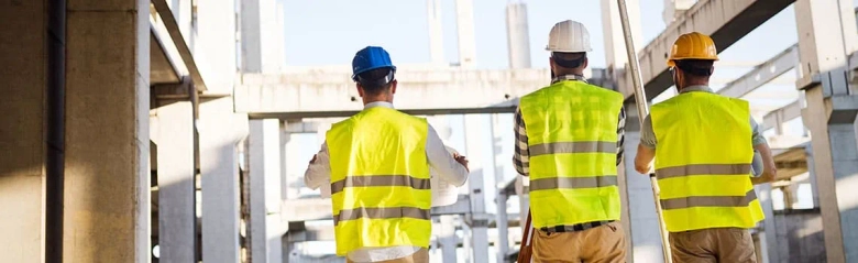 Workmen in uniforms leaving office