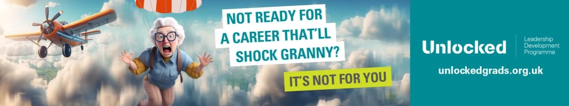 Cartoon of surprised elderly woman skydiving with text "Not ready for a career that'll shock granny? It's not for you" next to Unlocked logo.