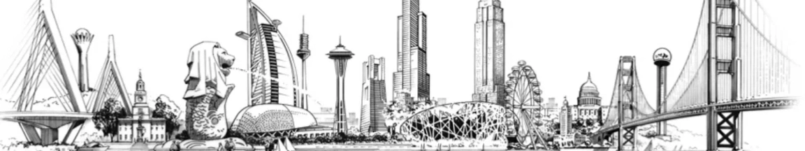 Illustration of iconic landmarks from various cities merged into a continuous skyline.