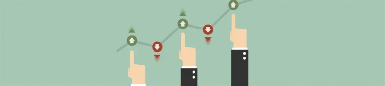 Illustration of hands pointing to a fluctuating trend line with up and down arrows, symbolizing audit analysis.