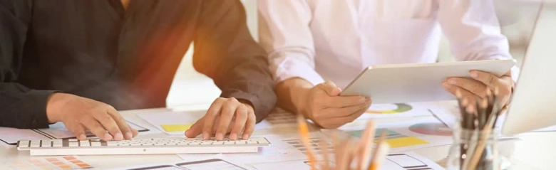 Two government research officers working together analysing charts while sitting at a desk.