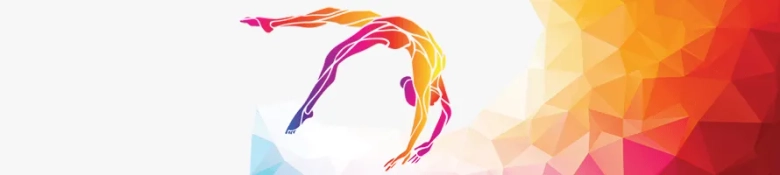 Abstract colorful silhouette of a gymnast bending backward in a flexible pose against a geometric background