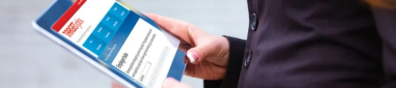 The image shows someone researching a law firm on a tablet computer