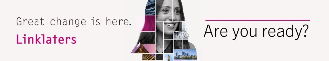 Collage of diverse professionals and cityscapes with text "Great change is here. Linklaters. Are you ready?"