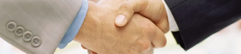 Close-up of two professionals in business attire shaking hands.