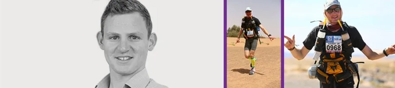 Triptych of a consultant's life with a professional headshot, a person running in a desert marathon, and a person hiking with gear.