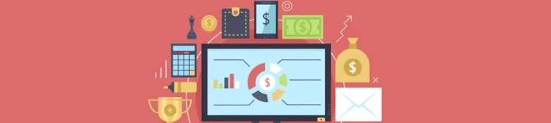 Illustration of financial analytics on a computer screen with various business icons like trophy, calculator, and currency.