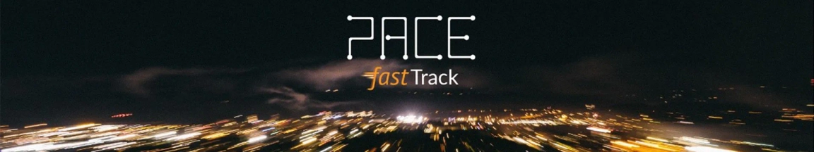 Long exposure night cityscape with streaks of light and "PACE fast Track" text overlay.