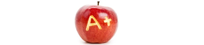 Red apple with "A+" carved into it, symbolizing academic excellence.