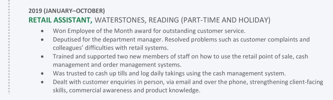 An example of retail work experience on a CV