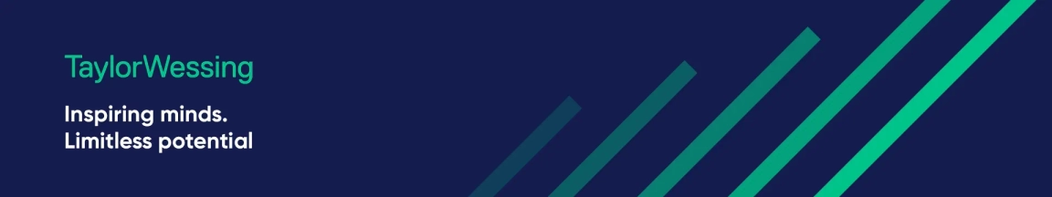 Graphic banner with Taylor Wessing logo and the slogan "Inspiring minds. Limitless potential" on a dark blue background with green diagonal stripes.