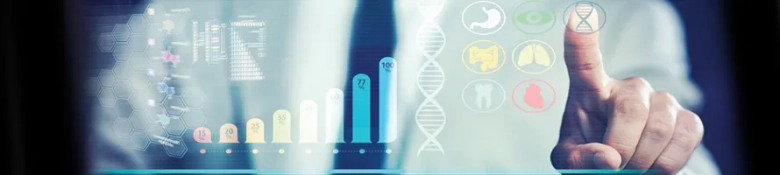 Person interacting with futuristic touchscreen displaying graphs and scientific icons related to hardware development.