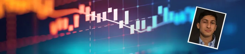 Stock market graph overlay with a headshot of a young man in the corner indicating a personal story related to fintech.